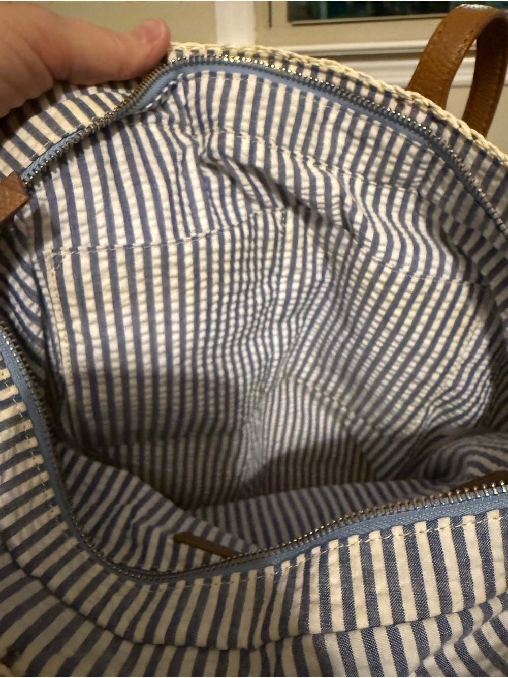 Talbots Woven Straw Tote Bag | Blue Seersucker Lining | Coastal Preppy Beach Bag - Picture 11 of 11